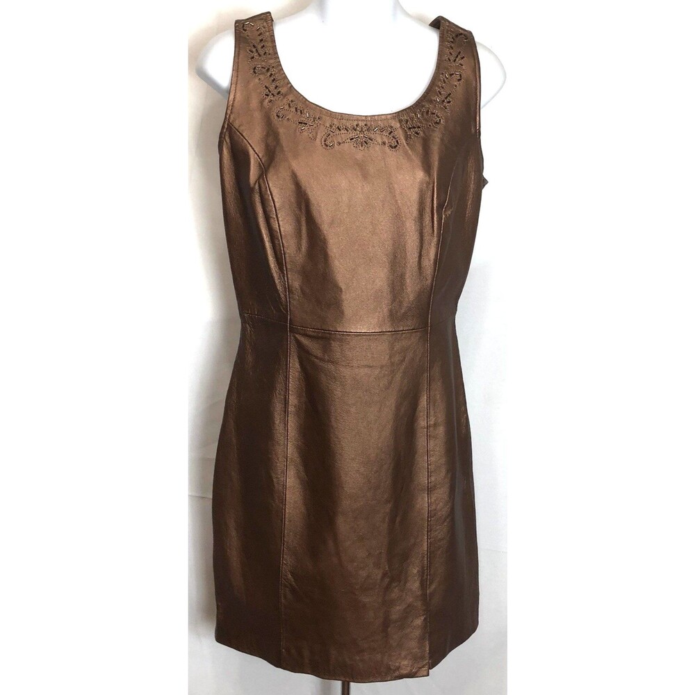 David Benjamin Leather sleeveless 6 sheath dress Copper Metallic Scoop Glam Chic